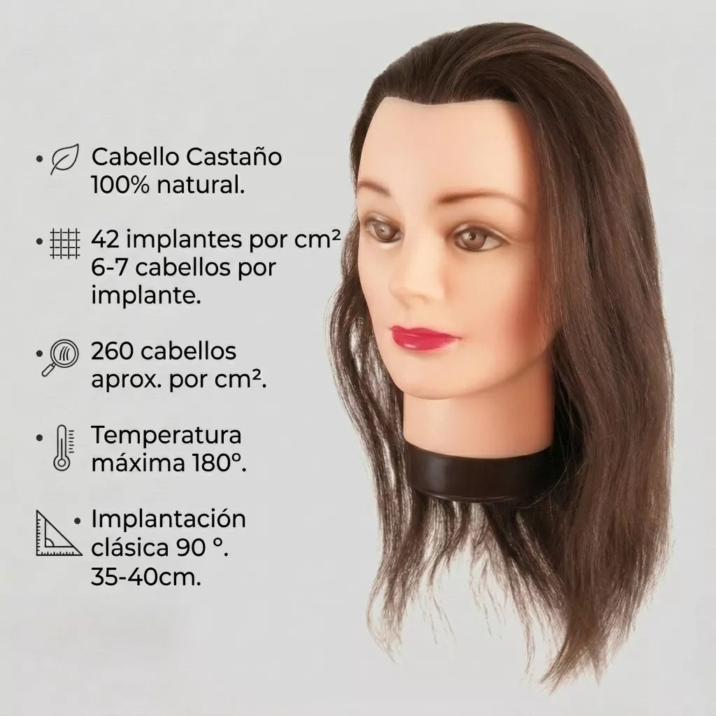Cabeza de Maniquí Eurostil Pelo 100% Natural – 35-40 cm (Castaño)